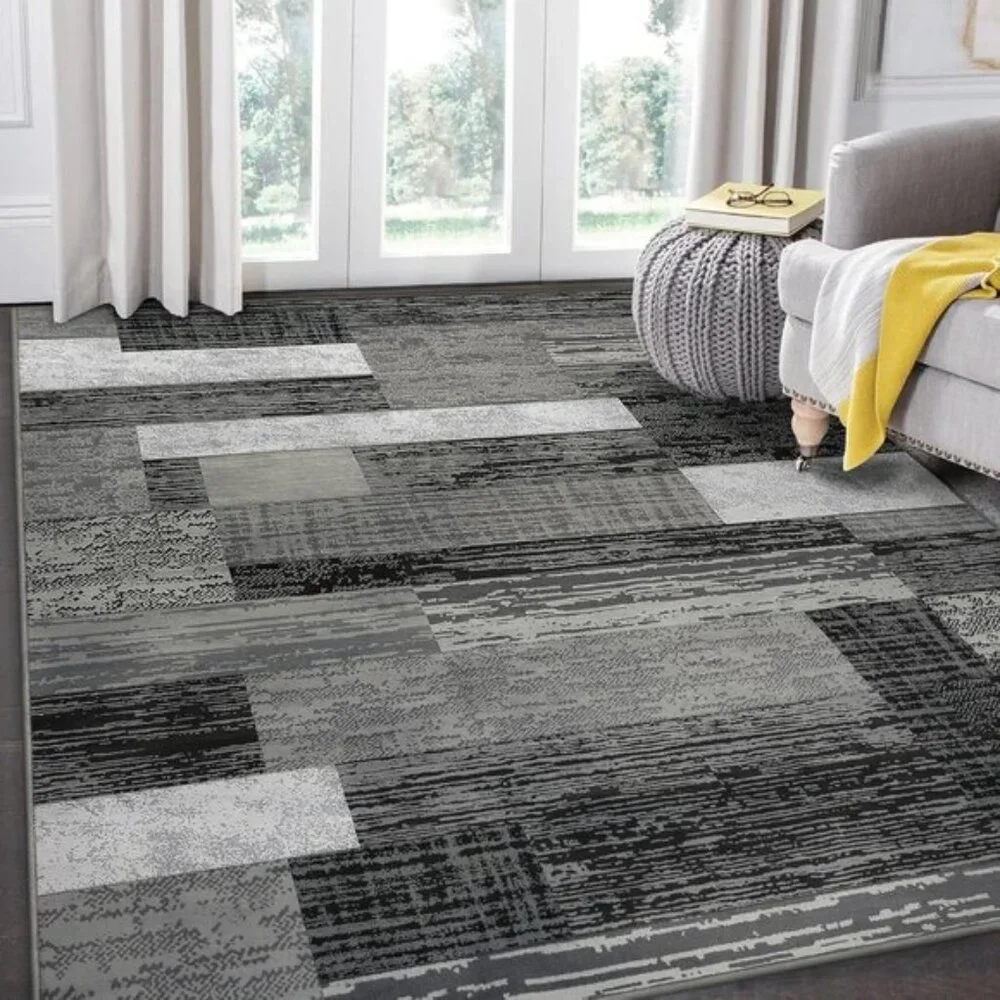 New 5x8 Grey Geometric Area Rug, Modern Patchwork Carpet for Home & Room Decor